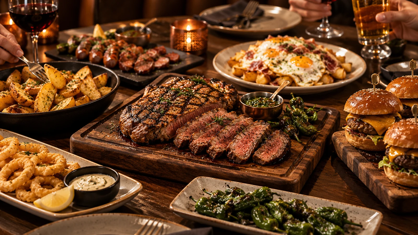 Mesa con platos para compartir en Al Paso Steak House Valdemoro