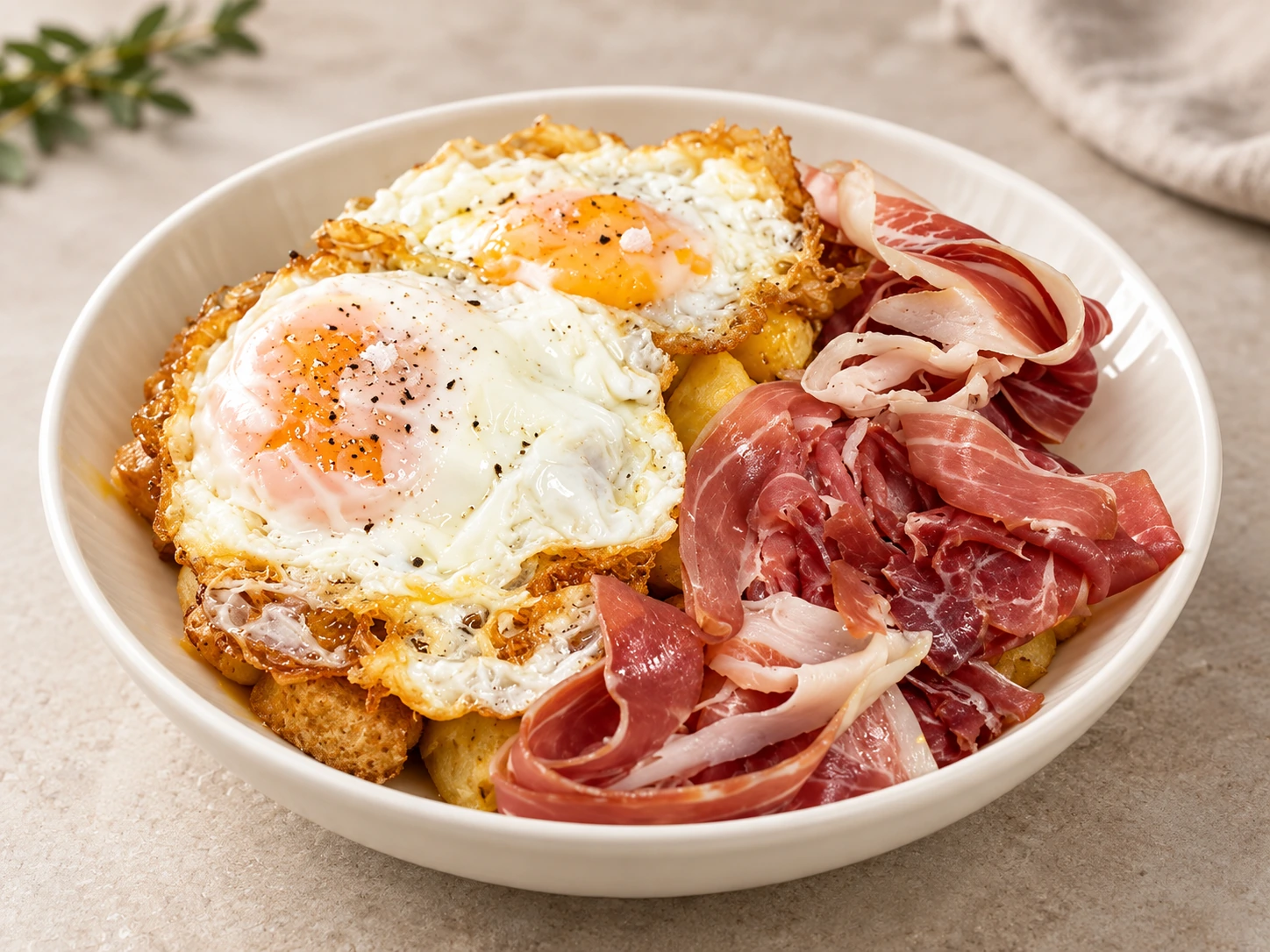 Huevos rotos con jamón y patatas en Al Paso Steak House Valdemoro