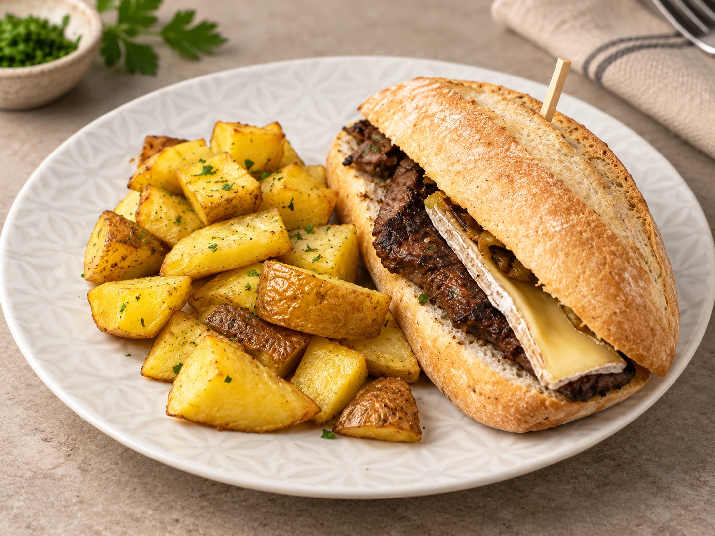 Pepito de ternera y brie con patatas asadas en Al Paso Steak House Valdemoro