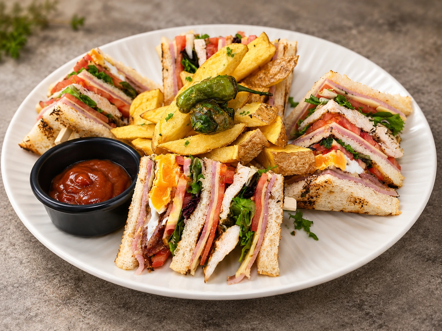 Sándwich club con patatas y pimientos en Al Paso Steak House